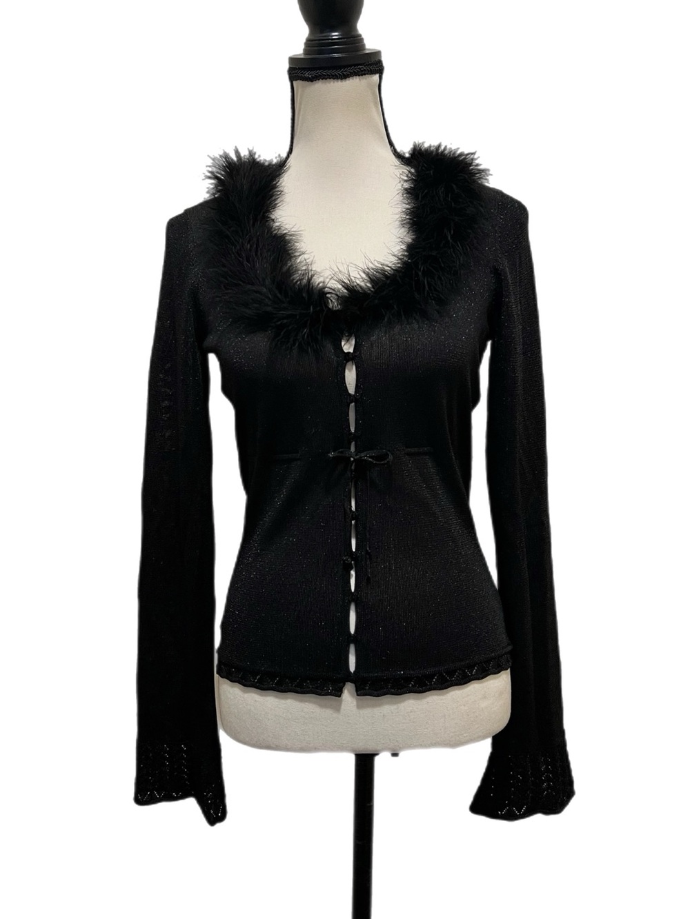Vintage Betsey Johnson New York Sparkly Feather Trim Knit Cardigan